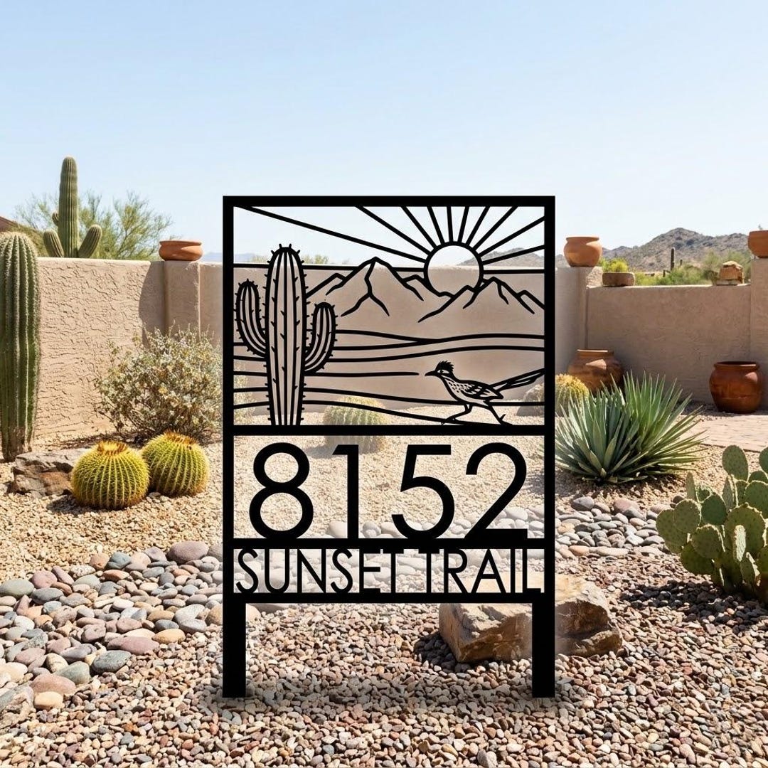 Desert Address Metal Yard Sign, 3 Piece Custom House Number Plaque ...
