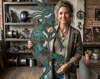 Kokopelli Metallwandkunst, südwestliches Ureinwohnerdekor, rustikale Boho Gartenskulptur, Tribal-Flötenspieler-Metallaufhängung