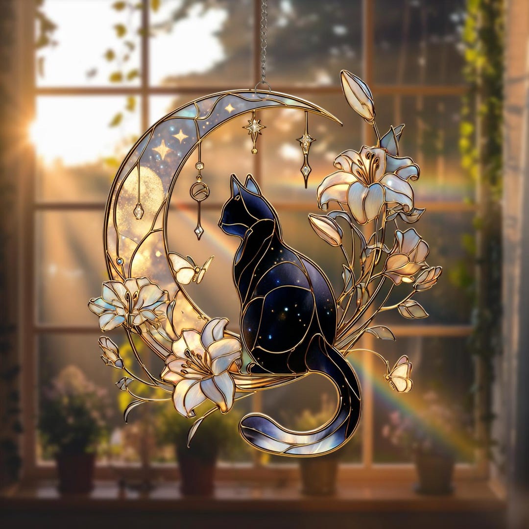 Black Cat Moon Stained Glass Suncatcher, Celestial Lily Window Hanging ...