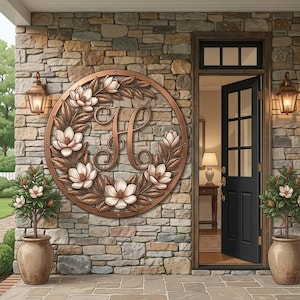 May include: A circular copper-toned metal wall sign featuring a large script letter H in the centre, surrounded by a relief of magnolia flowers and leaves. The sign is mounted on a stone wall next to a black door and two potted plants.
