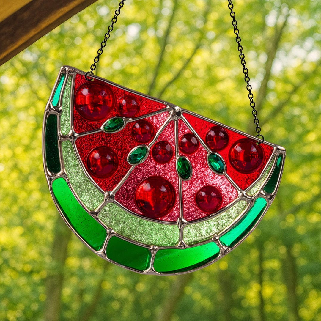Window Sundries Watermelon Slice Suncatcher, Acrylic Faux Stained Glass Window Hanging ...