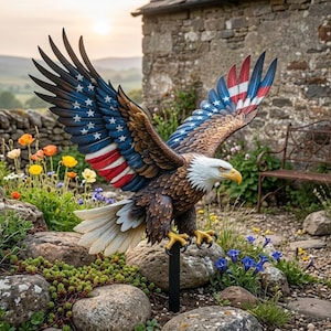 Puede incluir: Estatua de jardín detallada de un águila calva americana con las alas extendidas. Las alas están pintadas con el diseño de la bandera estadounidense, con estrellas y rayas. El águila tiene la cabeza blanca, el cuerpo marrón y el pico y las garras amarillas. Montada sobre una estaca negra.