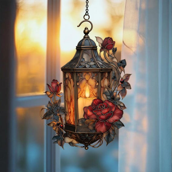Vintage Gothic Rose Lantern Stained Glass Suncatcher, Victorian Candle Lamp Window Hanging, Romantic Dark Floral Decor