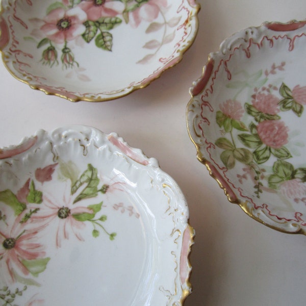 Beautiful Antique Peach & Green Floral Limoges Dessert Bowls Set of Three