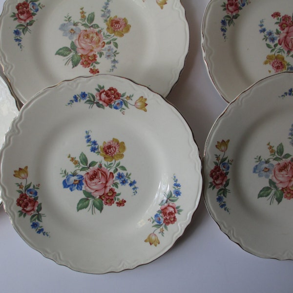 Vintage Pink Blue Floral Dinner Plates Set of Five