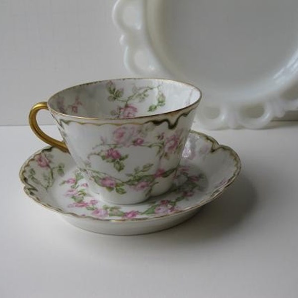 Vintage Haviland Limoges Pink and Green Floral Dainty Teacup & Saucer