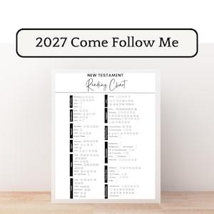 Könnte beinhalten: Ein Leseplan auf weißem Papier mit dem Titel 2027 Come Follow Me New Testament Reading Chart. Das Dokument hat ein schwarz-weißes Layout, bei dem die Monate vertikal aufgelistet sind und die Kapitel in nummerierten Kreisen zur Nachverfolgung stehen.