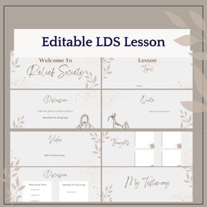 May include: Editable LDS lesson plan template with a beige background and brown floral accents. The template includes sections for welcome, discussion, video, thoughts, and testimony.