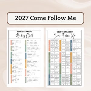May include: Two white paper charts titled 2027 Come Follow Me and New Testament Reading Chart. The charts feature monthly colour-coded sections with lists of biblical books, chapters, and checkboxes for tracking progress through the New Testament.