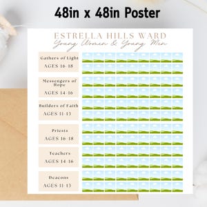 Pode incluir: Um cartaz de 48in x 48in intitulado Estrella Hills Ward Young Women & Young Men. Lista grupos como Gathers of Light, Messengers of Hope, Builders of Faith, Priests, Teachers e Deacons com faixas etárias e ícones de paisagens.