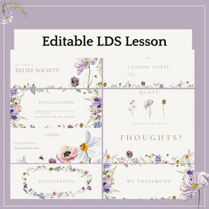 Pode incluir: Um modelo digital intitulado "Editable LDS Lesson" com um design floral. O modelo inclui seções para tópicos de lição, citações, discussão e testemunho. O design apresenta flores em aquarela em tons de roxo, rosa e branco.