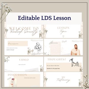 May include: Editable LDS lesson plan template with a beige background and floral accents. The template includes sections for welcome, discussion, video, thoughts, and testimony.