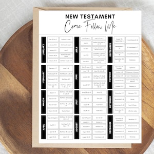 Può includere: Un programma di lettura su carta bianca intitolato New Testament Come Follow Me, caratterizzato da un layout a griglia in bianco e nero organizzato per mesi da gennaio a dicembre, con riferimenti scritturali per ogni settimana dell'anno.