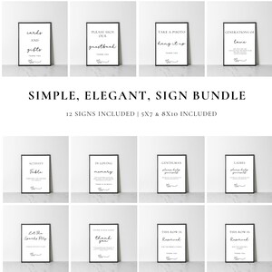 Könnte beinhalten: Ein Set mit 12 druckbaren Hochzeitsschildern in einem einfachen, eleganten Stil. Die Schilder sind schwarzweiß und zeigen Texte wie "Karten und Geschenke", "Bitte unterschreiben Sie unser Gästebuch", "Machen Sie ein Foto hängen Sie es auf", "Generationen der Liebe", "Aktivitätstabelle", "In liebevoller Erinnerung", "Herren bitte bedienen Sie sich", "Damen bitte bedienen Sie sich", "Lasst die Funken fliegen", "Danke", "Diese Reihe ist reserviert", und "Diese Reihe ist reserviert".