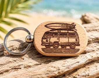 Personalized Camper Van Keychain, Wooden Van Life Gift, Surfboard Camper Key Ring, Retro Camping Accessory, Adventure Gift