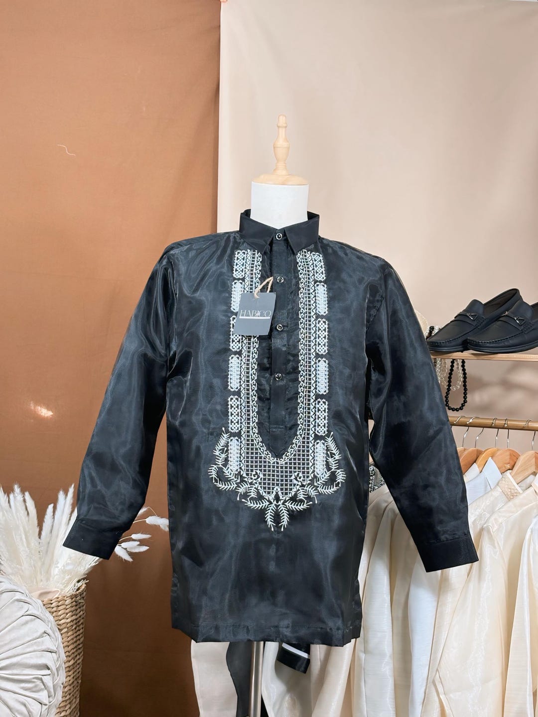 Black Organza Barong Tagalog With White Embroidery - Etsy Canada