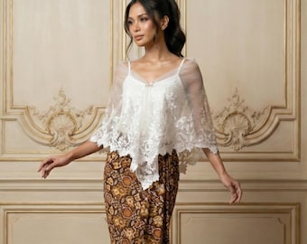 Elegant White Organza Filipiniana Alampay Shawl
