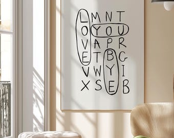 Love You Bye Typography Print Modern Abstract Word Search Wall Art Minimal Line Art Poster Black and White Quote Digital Download