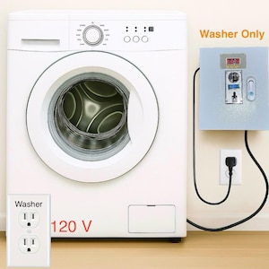 May include: A white washing machine with an open door, next to a light blue control panel labeled "Washer Only." A white electrical outlet is labeled "Washer" and "120 V."