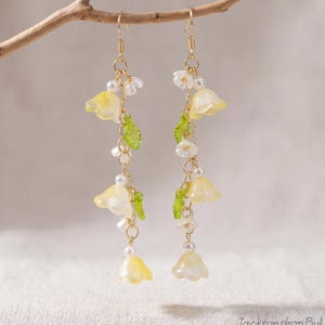 14K Gold Plated Lily of the Valley Pearl Dangle Earrings, S925 Silver Hooks