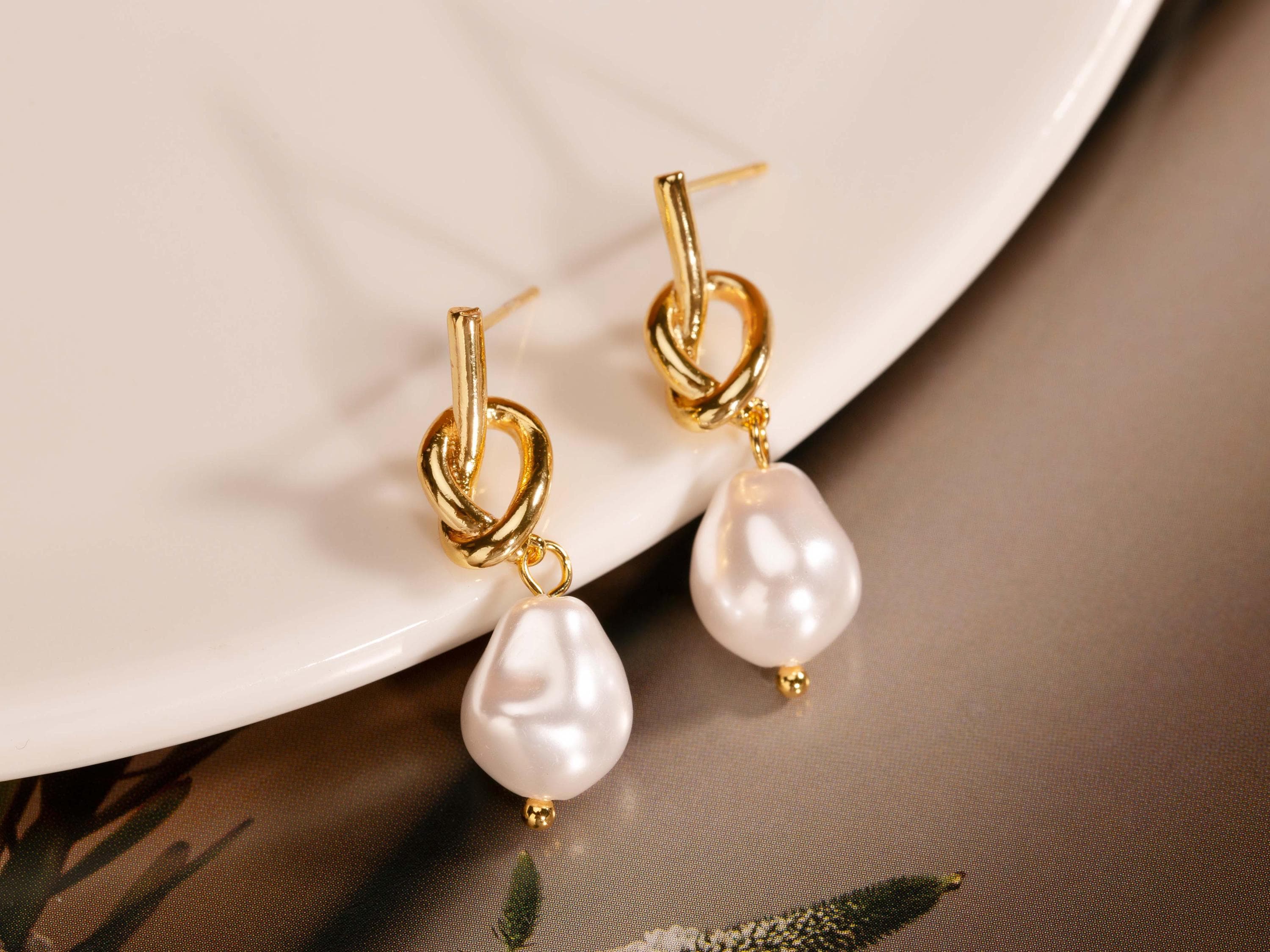 Orecchini Pendenti A Nodo D'Amore Con Perla – Dorati, In Rame, Lunghi 2,5 Cm – Regalo Per Donna, Damigella - 3