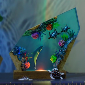 Handmade Ocean Resin Sculpture: Dolphin & Sea Turtle Epoxy Art with LED Lights
