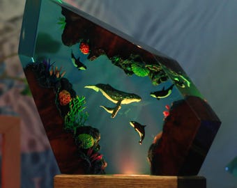 Whale Resin LED Lamp: Handmade Ocean Night Light with Coral - [Size]