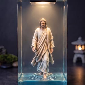 Puede incluir: Un bloque rectangular de resina transparente que contiene la figura de un hombre con cabello largo y barba, vestido con una túnica drapeada. La figura parece caminar sobre el agua con ondas en la base. Una luz está montada en la parte superior.