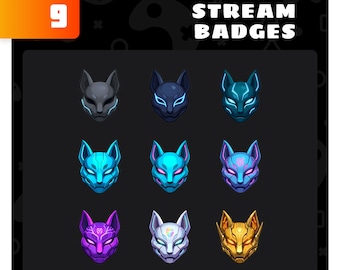 Insignias de subtítulos de máscara Cyber Kitsune: conjunto de insignias de Twitch de zorro neón futurista