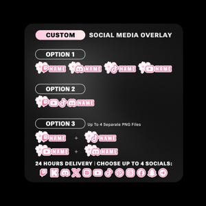 May include: A custom social media overlay graphic featuring three layout options with pink cherry blossom accents and white text placeholders. The design includes various social media platform icons and the text: CUSTOM SOCIAL MEDIA OVERLAY, OPTION 1, OPTION 2, OPTION 3, Up To 4 Separate PNG Files, 24 HOURS DELIVERY | CHOOSE UP TO 4 SOCIALS.