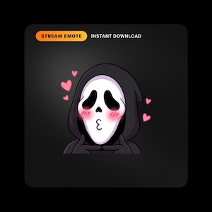 Könnte beinhalten: Ein digitales Stream-Emote mit einer Cartoon-Figur in einem schwarzen Kapuzenumhang mit einer weißen Geistermaske. Die Figur hat rote Wangen, einen Kussmund und macht eine Geste mit den Fingerspitzen, umgeben von kleinen rosa Herzen.
