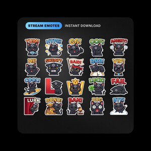 Könnte beinhalten: Eine Sammlung von zwanzig digitalen Stream-Emotes, die eine schwarze Katze mit einem weißen Sternsymbol auf der Stirn zeigen. Jedes Emote stellt einen anderen Ausdruck oder eine Aktion dar, mit Textbeschriftungen wie YUM, HYPE, GG, OOF, ANGRY, HI, SWEATY, RAID, BRB, VIP, COOL, L, W, LUCK, FAIL, LURK, DONO, BAN, POG und BYE.