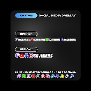 May include: A digital graphic template for a custom social media overlay on a dark background. It displays two layout options with platform icons and the placeholder text YOURNAME, plus a selection of social media icons at the bottom.
