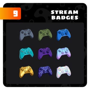 Peut inclure: Neuf badges de flux colorés représentant des manettes de jeu de différentes couleurs, dont gris, vert, bleu, sarcelle, violet, or et irisé. Le texte "STREAM BADGES" est affiché en blanc.