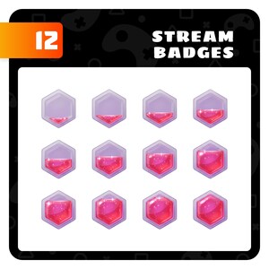 May include: Twelve hexagonal stream badges with a purple border and a pink, liquid-like fill. The badges show different fill levels, with the text "STREAM BADGES" in white.