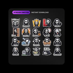 May include: A collection of twenty digital stream emotes featuring a hooded ghost character in various poses and expressions with text labels including RAID, SHHH, HYPE, DONO, LATE, LOL, BAN, SLEEP, NOPE, LURK, GG, OUCH, RIP, LOST, FAIL, and TIMEOUT.