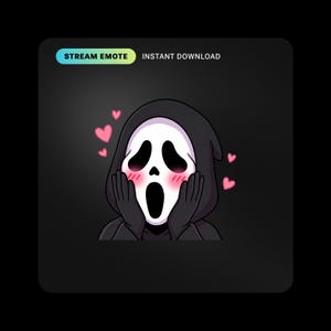 May include: A digital illustration of a ghost-like character wearing a black hooded robe with a white mask, featuring a wide-open mouth, black eyes, and pink blushing cheeks. The character holds its hands to its face, surrounded by pink hearts.