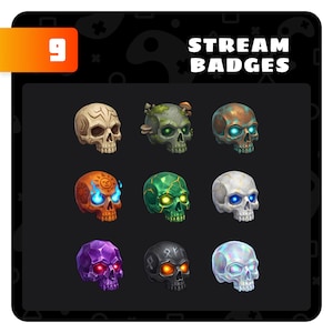 Op de afbeelding: Negen stream-badges in de vorm van schedels in verschillende kleuren en ontwerpen. De badges bevatten schedels met blauwe, groene en oranje gloeiende ogen, en andere met mos, kristallen en een paarse tint. De tekst "STREAM BADGES" wordt in het wit weergegeven.