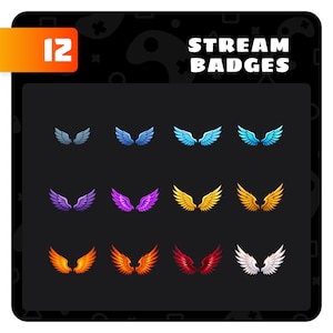 Könnte beinhalten: Eine Sammlung von zwölf stilisierten Flügeldesigns in verschiedenen Farben, darunter Blau, Lila, Gold, Orange, Rot und Weiß. Der Text "STREAM BADGES" ist in Weiß dargestellt, und die Zahl "12" befindet sich in einem orangefarbenen Feld.