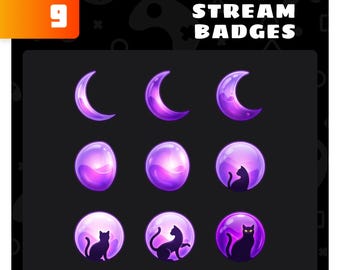Insignias de Twitch de gato de luna morada, conjunto de insignias de bocado de gato negro