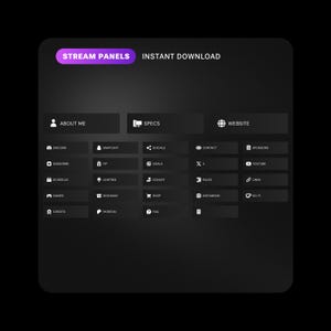 May include: A set of dark gray digital stream panels featuring a purple gradient header labeled STREAM PANELS INSTANT DOWNLOAD. The layout includes three large rectangular headers and twenty-five smaller buttons with white icons and text labels.
