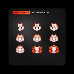 Könnte beinhalten: Ein Set aus neun digitalen Stream-Badges, die einen weißen Fuchscharakter mit orangefarbenen Akzenten und einer zunehmenden Anzahl an Schwänzen zeigen. Der Text STREAM BADGES und INSTANT DOWNLOAD steht oben auf der dunkelgrauen Grafik.