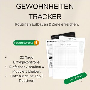 Könnte beinhalten: Ein digitales Gewohnheitstracker-Bundle mit dem Text "GEWOHNHEITEN TRACKER" und "Routinen aufbauen & Ziele erreichen." Das Bundle enthält einen Gewohnheitstracker, einen Deep-Focus-Tracker und einen Achtsamkeits-Momente-Tracker. Das Bundle ist ein 4-in-1-Bundle.