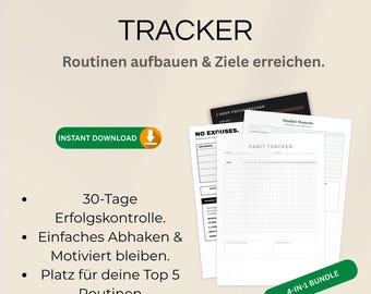 4点の習慣トラッカーセット（ドイツ語）、デジタルダウンロード、ミニマリスト習慣トラッカー、集中力とマインドフルネスプランナー、A4 PDFテンプレート
