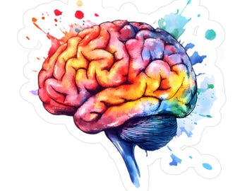 Aquarel hersenen kiss-cut vinyl decal - creatieve sticker voor thuis of op kantoor, regenboog neurostickers, hersenletsel, TBI, neurologie decor