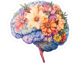 Flower Brain Kiss-Cut vinyl decal-sticker voor thuis of op kantoor laptop, Floral neuro decor stickers, hersenletsel bewustzijn, TBI-accessoire