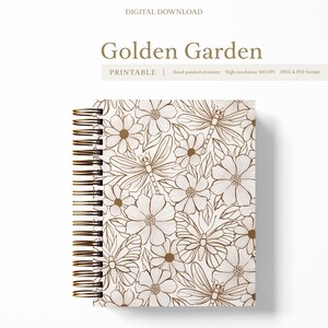 Pode incluir: Um caderno espiral com um padrão floral e de libélulas em tons de castanho e branco. A capa apresenta o texto "Golden Garden" e "PRINTABLE". O caderno é um download digital.