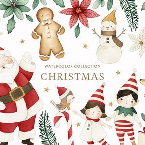 Pode incluir: Ilustração em aquarela com o Pai Natal, um boneco de neve, um homem de gengibre e elfos. A imagem inclui o texto "Watercolor Collection Christmas" e elementos festivos como uma rena e uma bengala de doces.