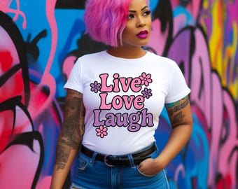 Live Love Laugh PNG – Letras de bolhas rosa e roxas – Design de sublimação peculiar para camisetas, canecas e sacolas – Download digital de 300 DPI