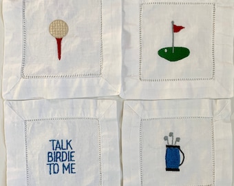 Gift for Dad Golf Cocktail Napkins, Embroidered Coasters for Men, Funny Golf Gift, Cloth Linen Bar Cart Decor, Father's Day Gift